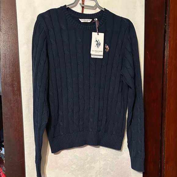 New w tag US. Polo Assn. Women's Navy Blue 100% Cotton Cable Knit Sweater, Large - Picture 1 of 6